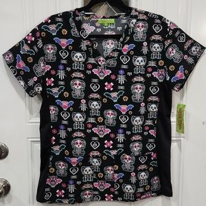 NWT Green Town Day of the dead Medical scrubs top women's size S